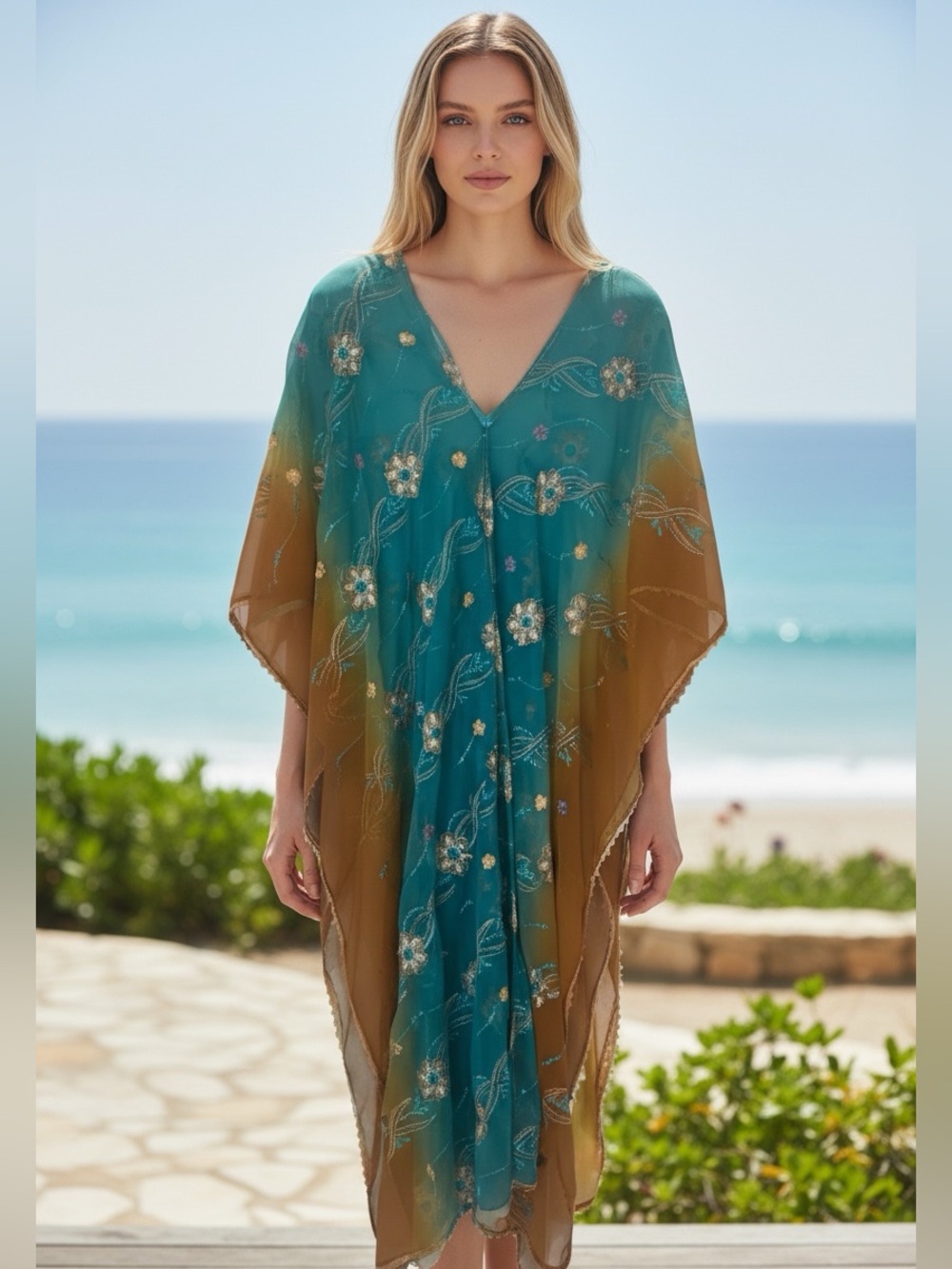 Teal and Camel Embroidered Chiffon Sheer Caftan